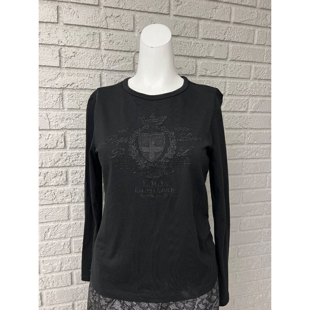 LRL Lauren Active Black Rhinestone Long Sleeve T-Shirt Size S